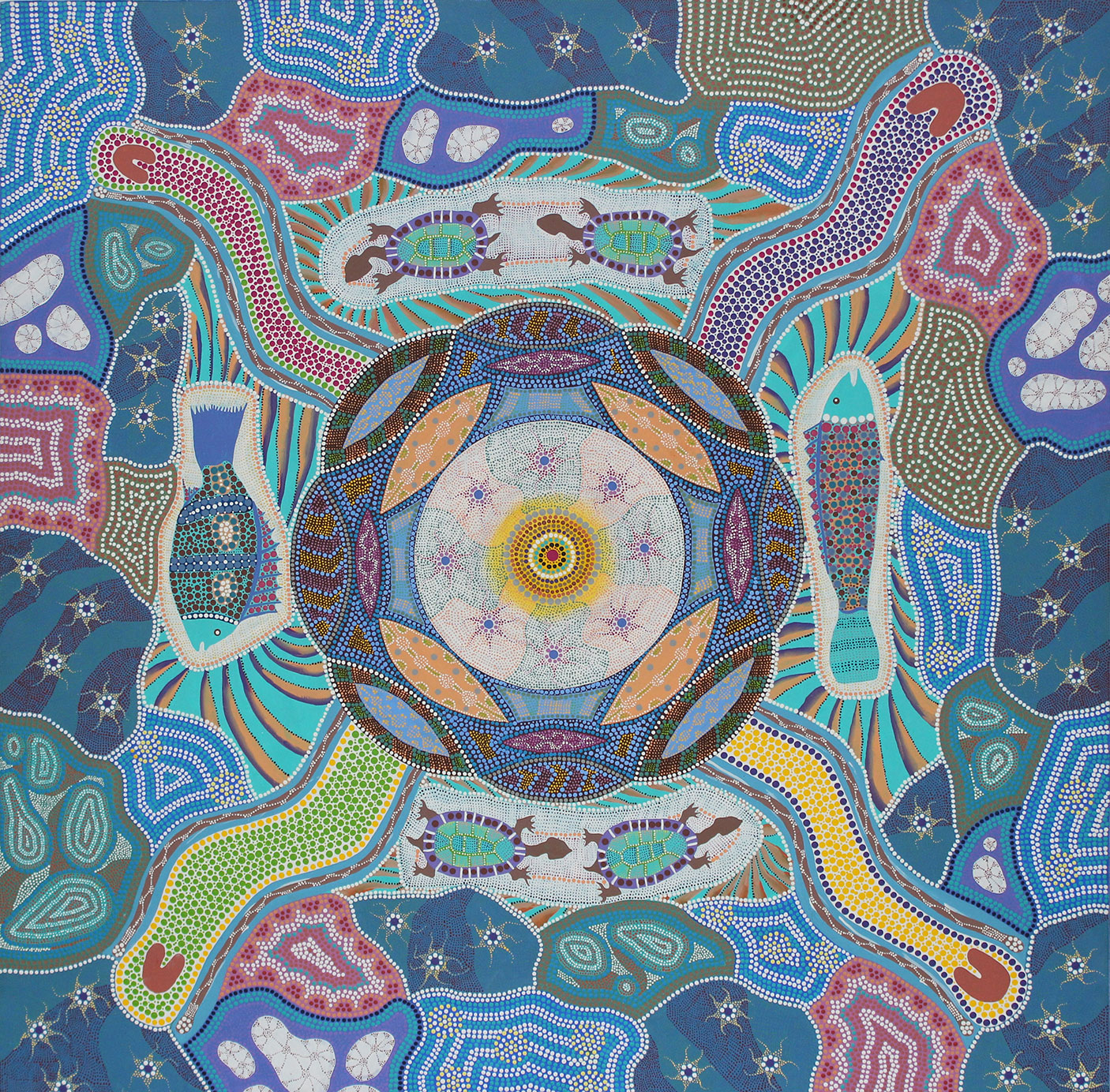 Aboriginal dot painting showing fish and graphic elements