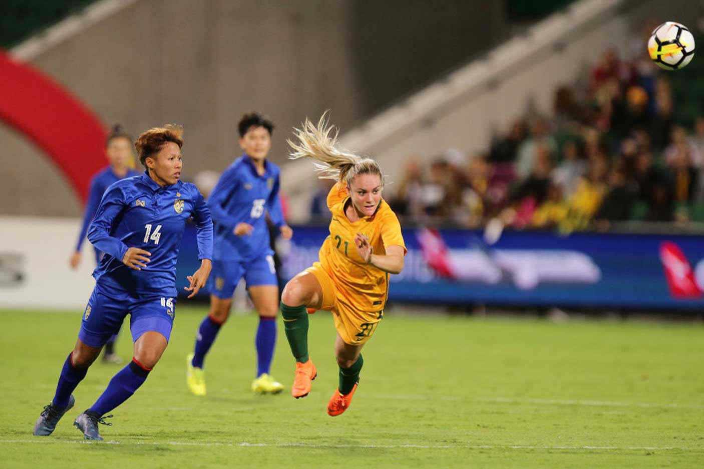 Ellie Carpenter of the Matildas heads the ball during the International Friendly Match between the Australian Matildas and Thailand at NIB Stadium on March 26, 2018 in Perth, Australia.