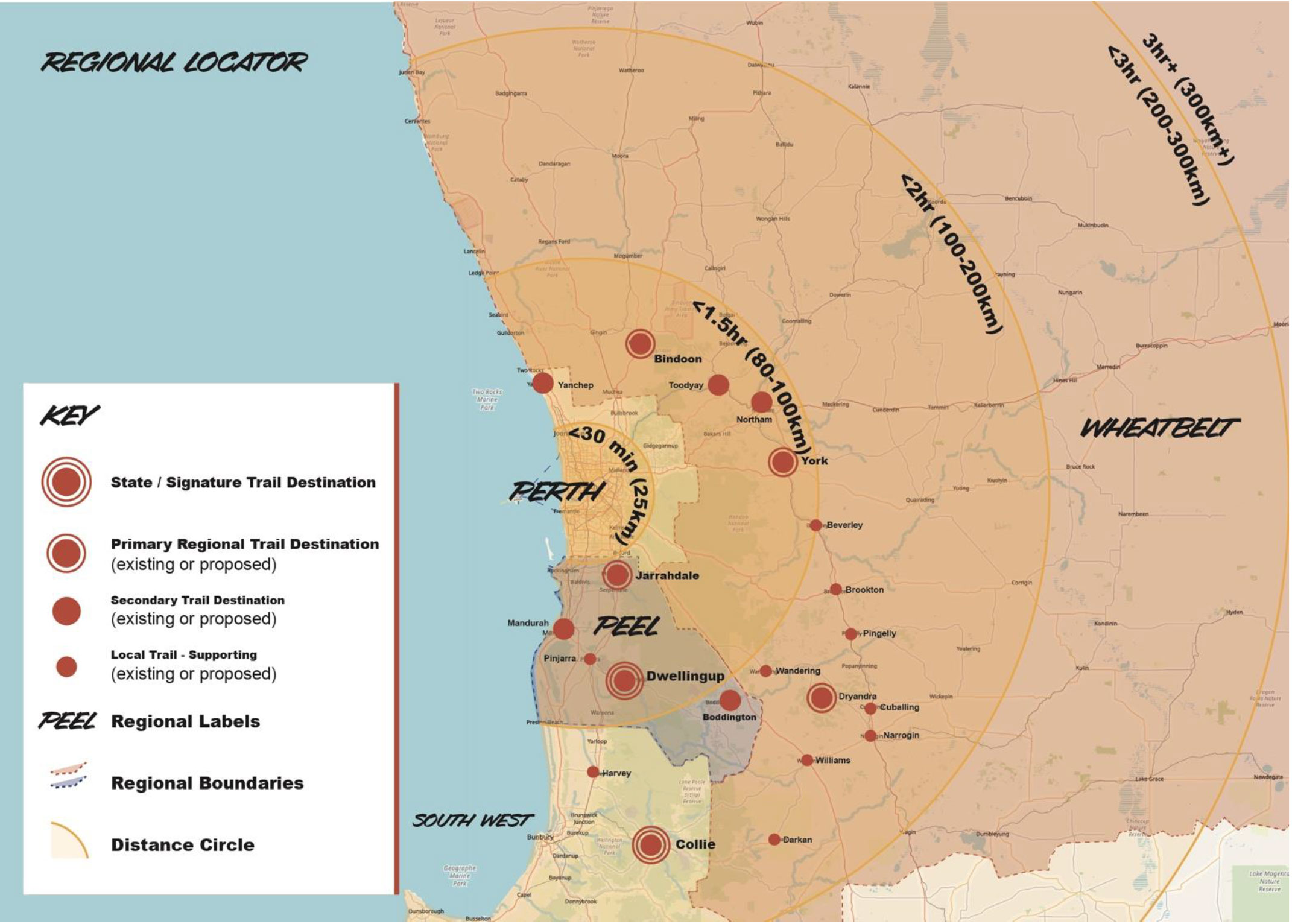 Map of part of WA, with concentric circles showing kms and travel time to regional areas.