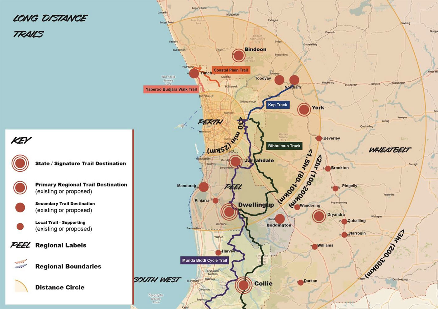 Map of Western Australia showing long distance trails <200kms from Perth