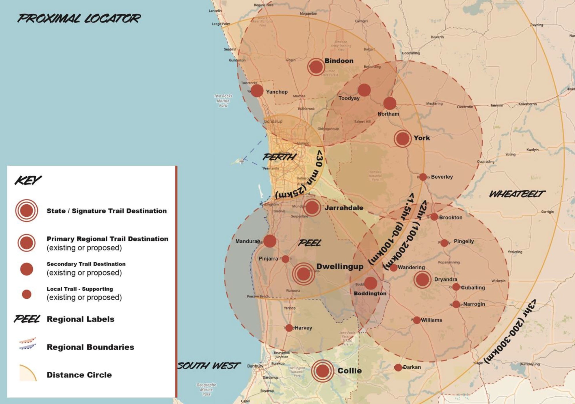 Map of Western Australia showing distance between major trails destinations and distance from Perth